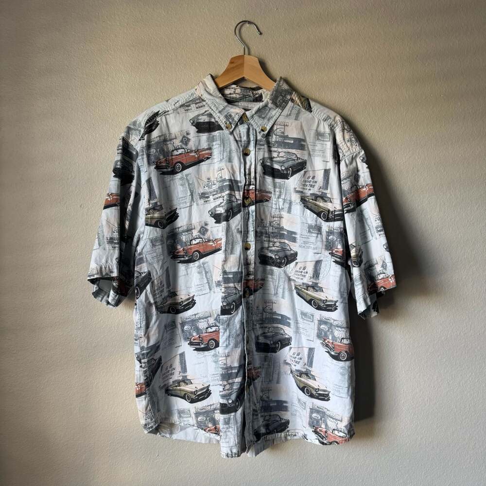 Vintage 90s Clearwater Outfitters Route 66 Classic Car AOP Shirt XL